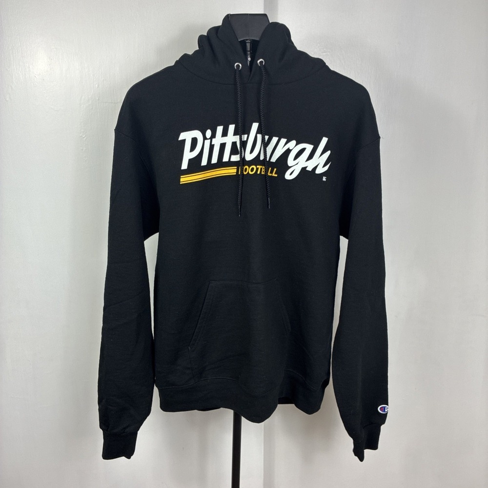 Pittsburgh Steelers Football Black Hooded Sweatshirt Men's M Champion Brand Logo